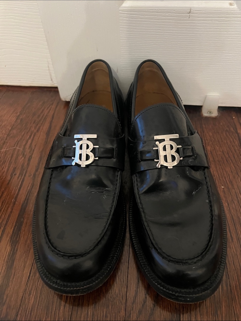 Burberry Black Leather Loafers with Silver TB Logo - Picture 10 of 11